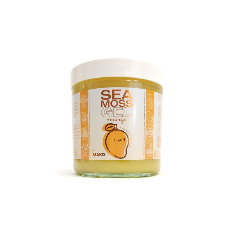 Mako Vitality Mango sea moss gel, 16 oz glass jar on a white background