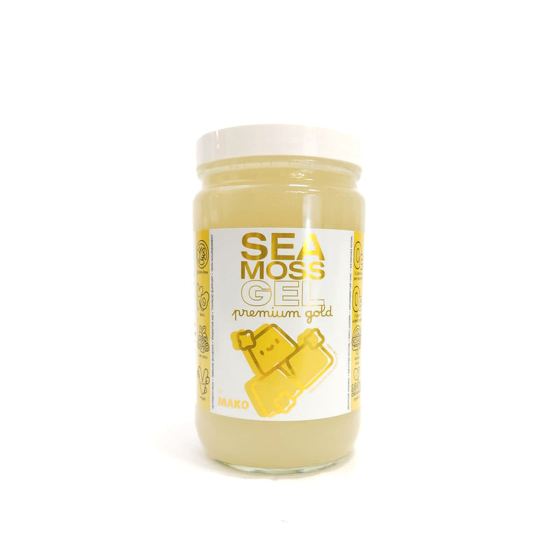 Mako Vitality Premium Gold sea moss gel, 32 oz glass jar on a white background