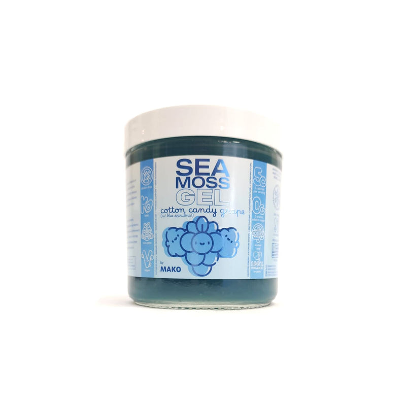 Mako Vitality Cotton Candy Grape sea moss gel, 16 oz glass jar on a white background