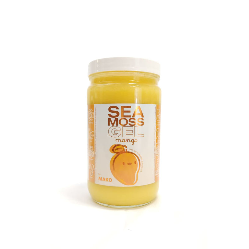 Mako Vitality Mango sea moss gel, 32 oz glass jar on a white background