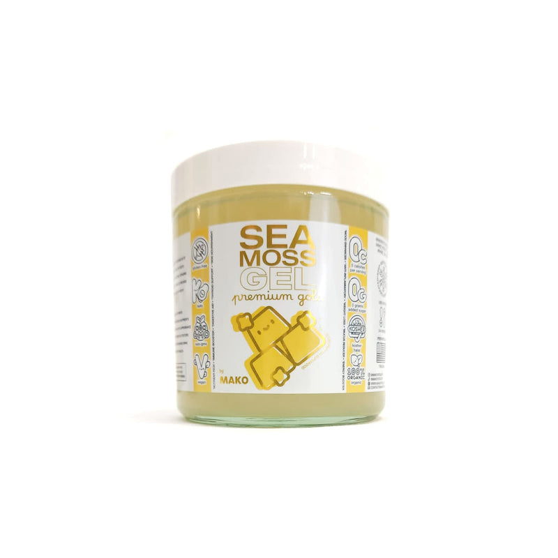 Mako Vitality Premium Gold sea moss gel, 16 oz glass jar on a white background