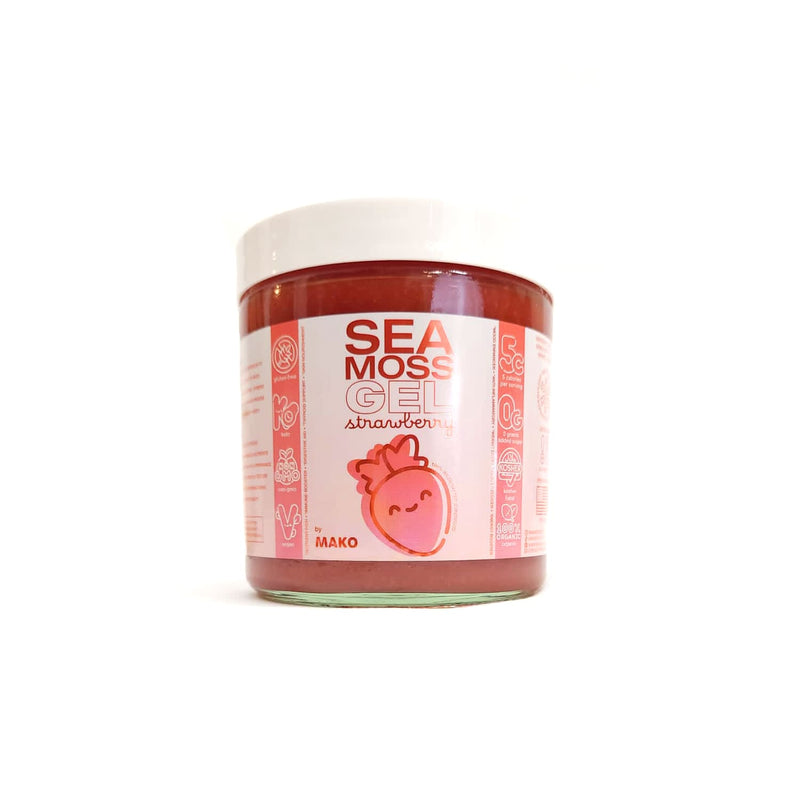 Mako Vitality Strawberry sea moss gel, 16 oz glass jar on a white background