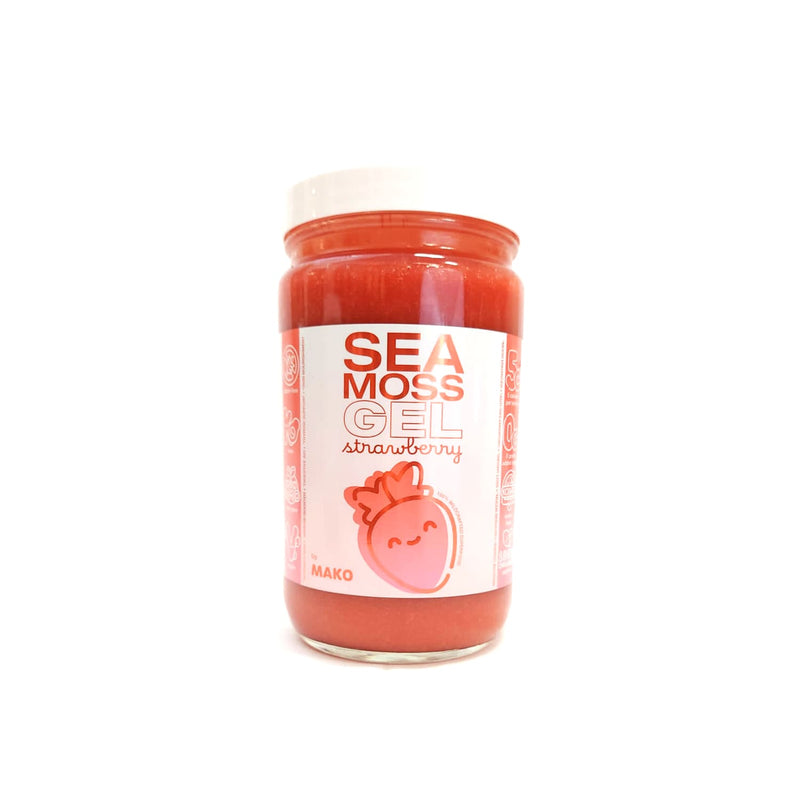 Mako Vitality Strawberry sea moss gel, 32 oz glass jar on a white background